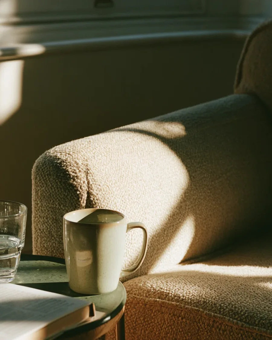 A glass of water and a stoneware mug on a small side table beside a textured armchair in low sunlight.
